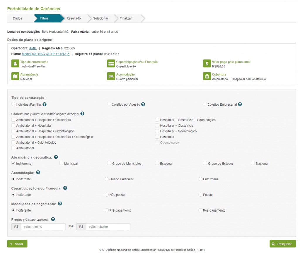 Selecione as opções